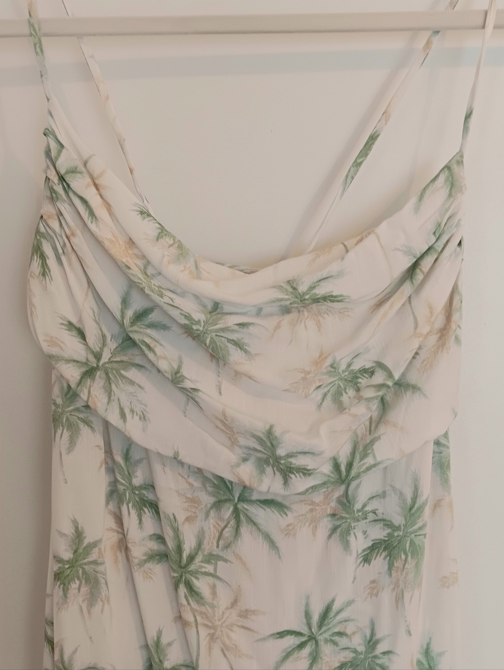 Midi Slip Dress Off White & Green Palm Print Cowl Front Stappy Keyhole Back - Picture 4 of 8
